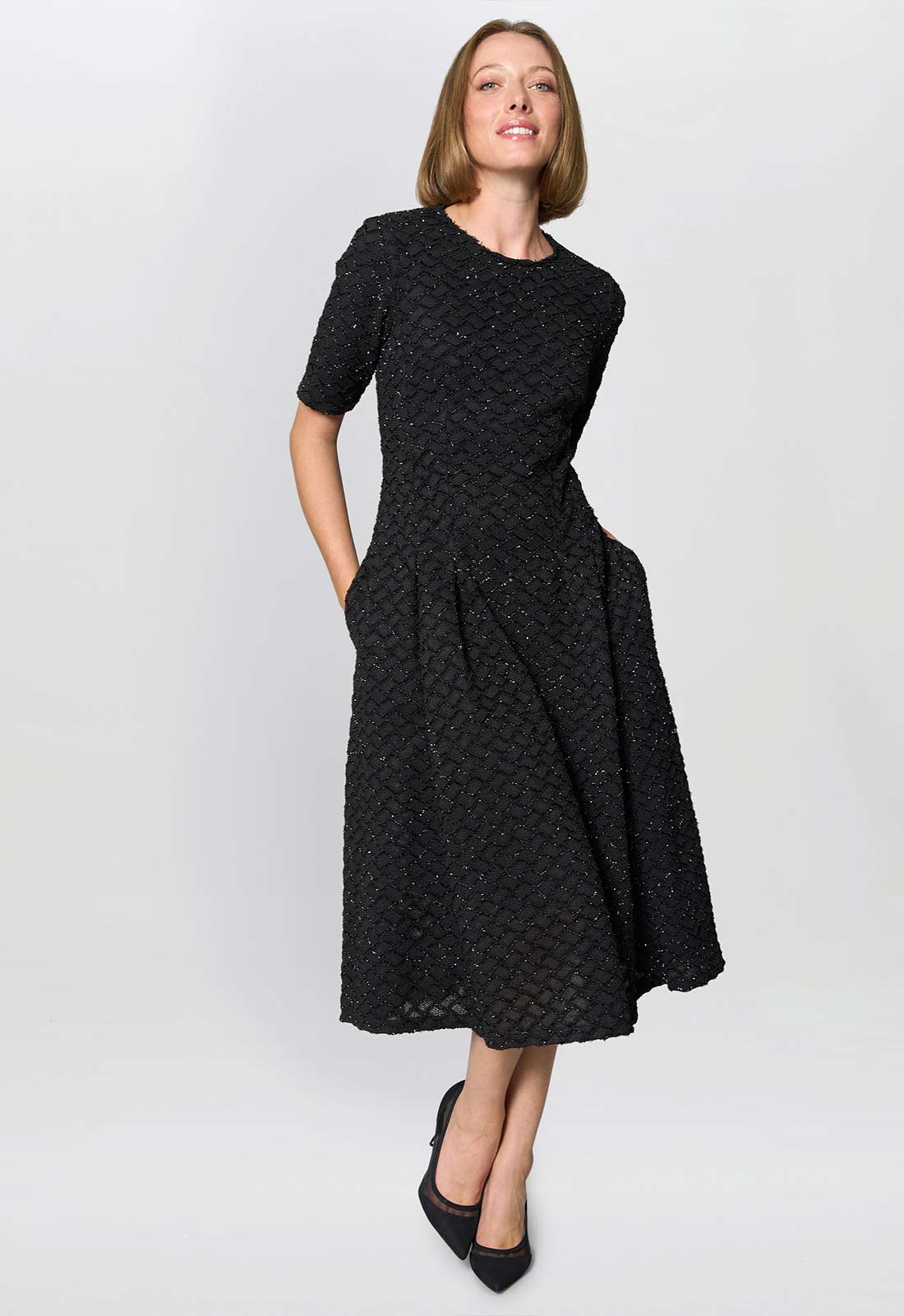 Gina Bacconi Black Charly Textured Fit And Flare Midi Dress