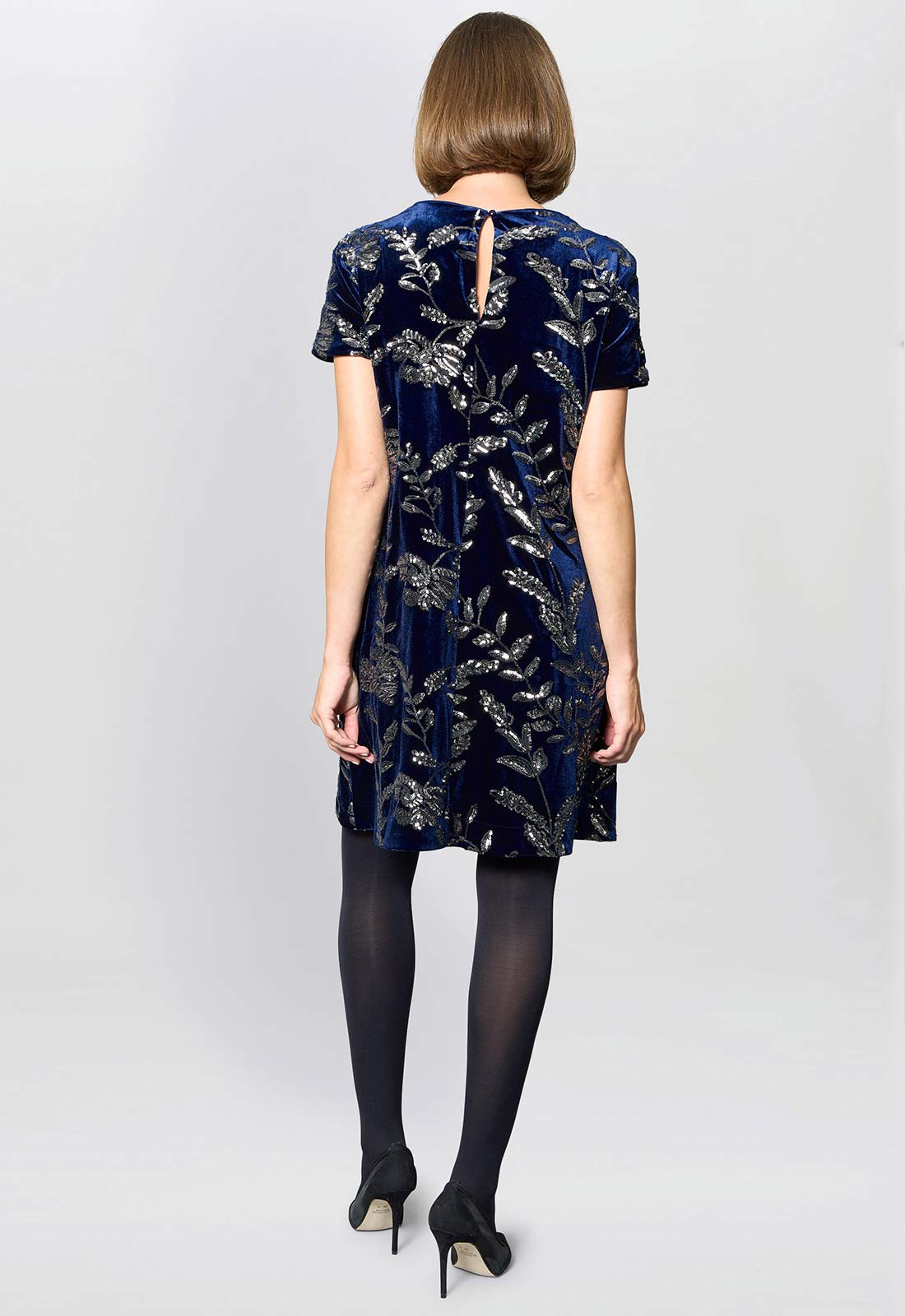 Back Gina Bacconi Navy Cleopatra Embroidered Velvet Dress