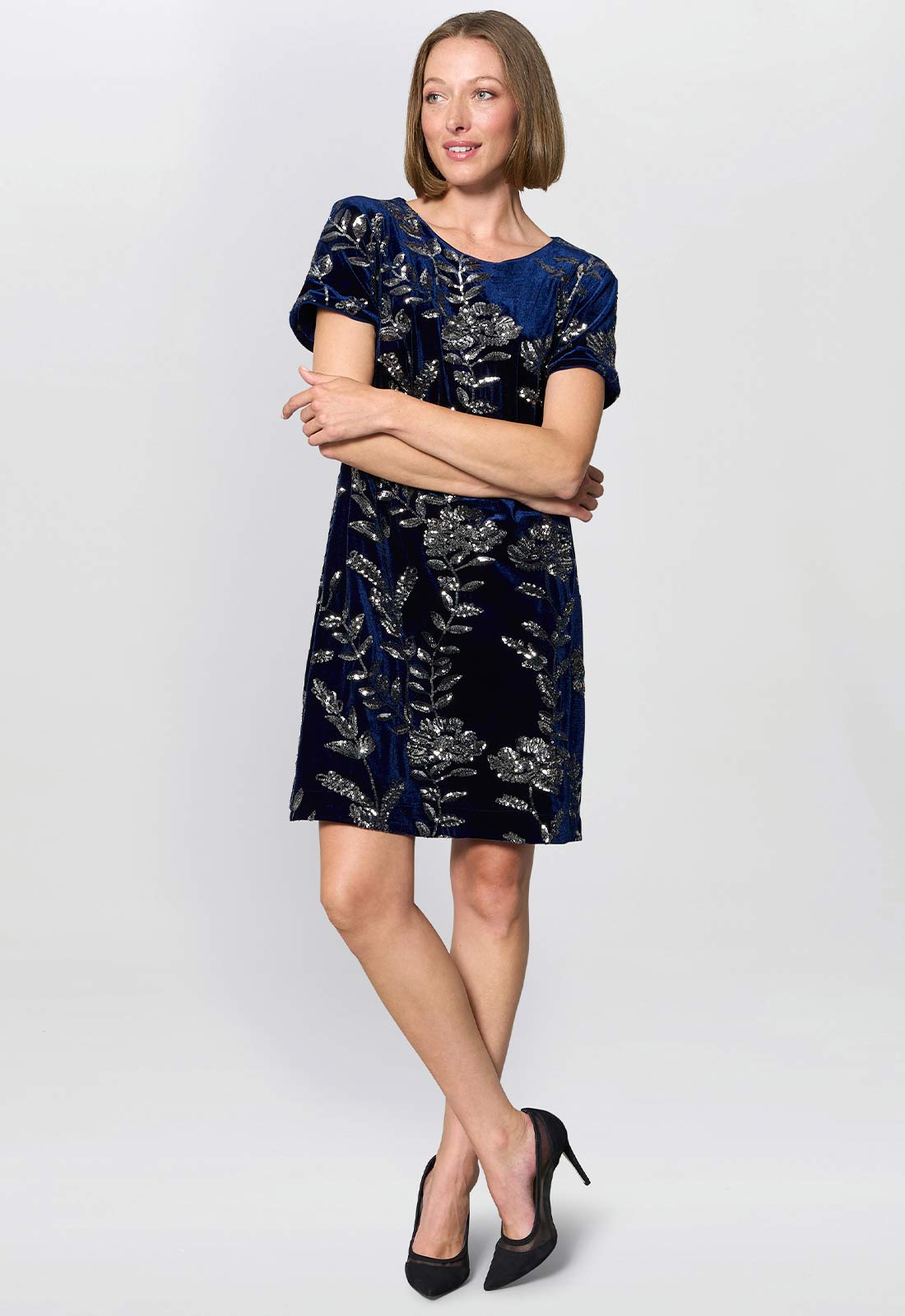 Gina Bacconi Navy Cleopatra Embroidered Velvet Dress