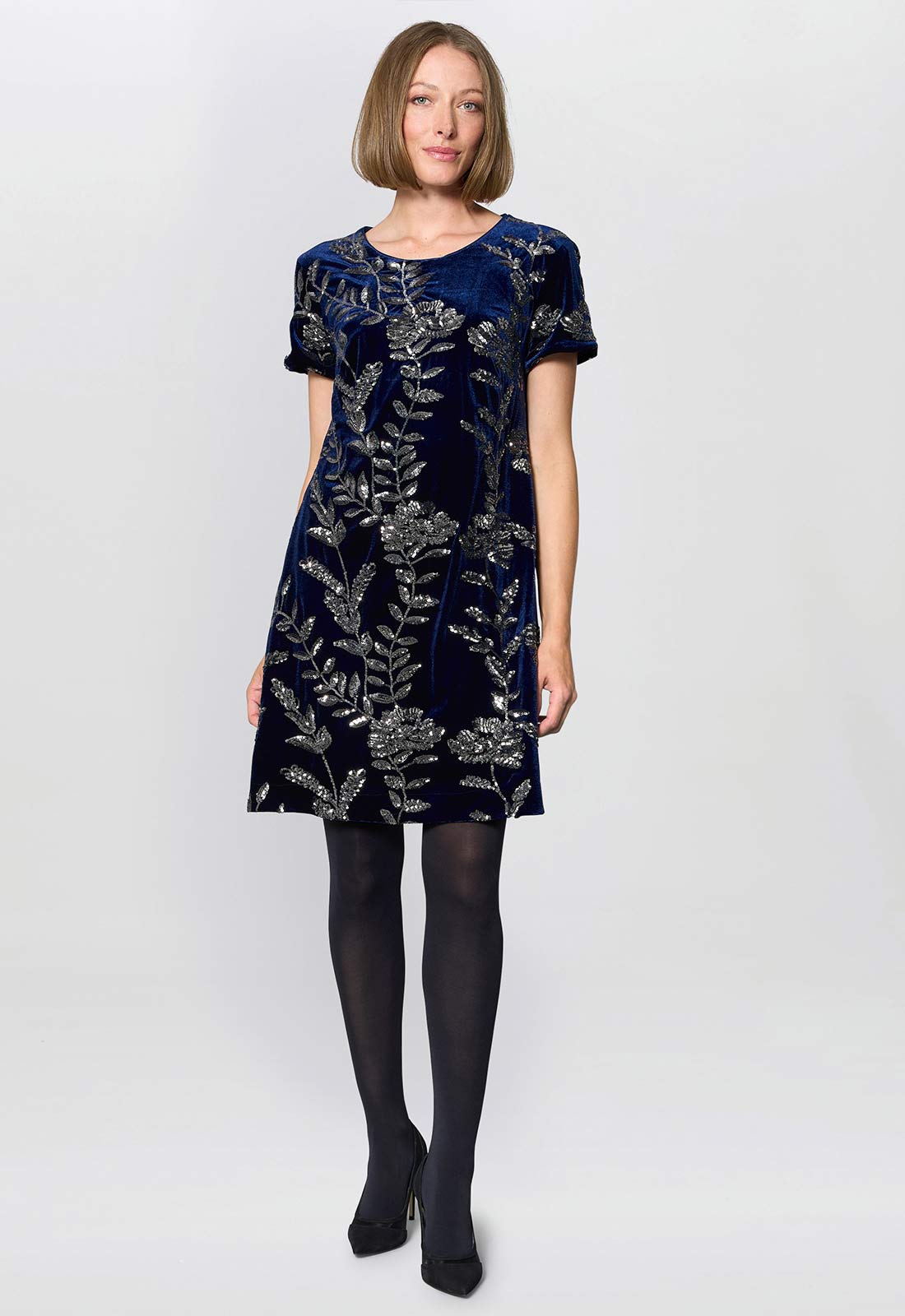 Gina Bacconi Navy Cleopatra Embroidered Velvet Dress 3