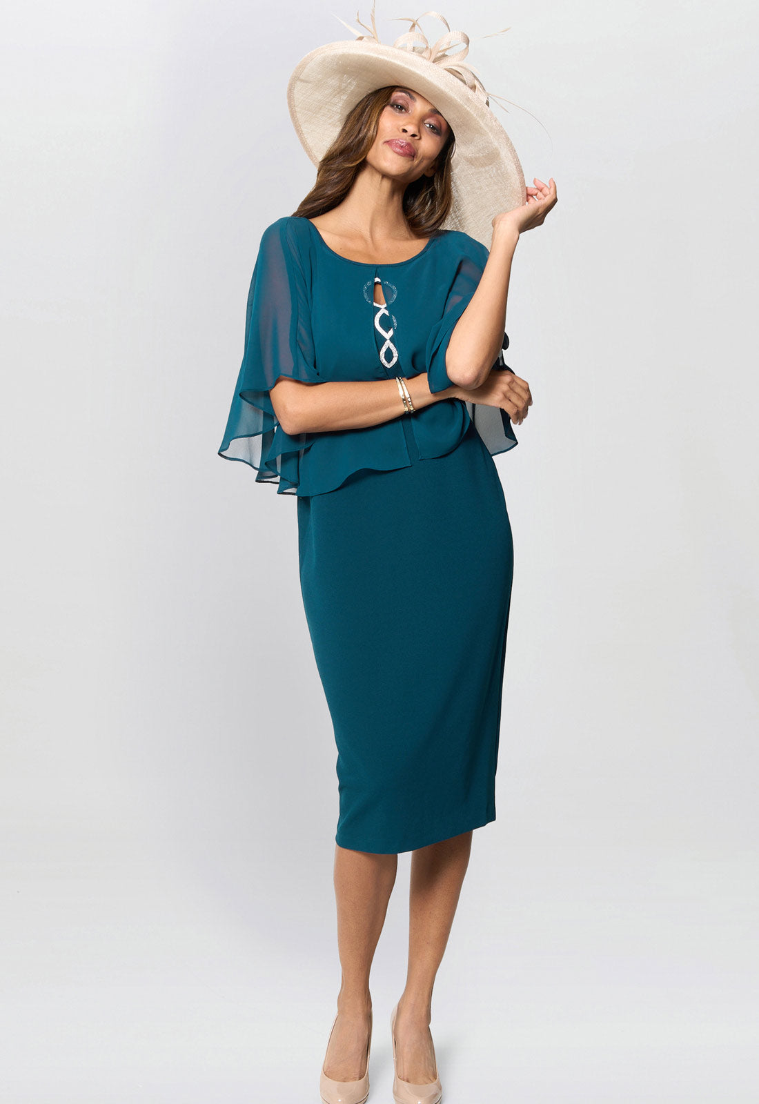 Gina Bacconi Dark Green Cherri Dress With Chiffon Overlay
