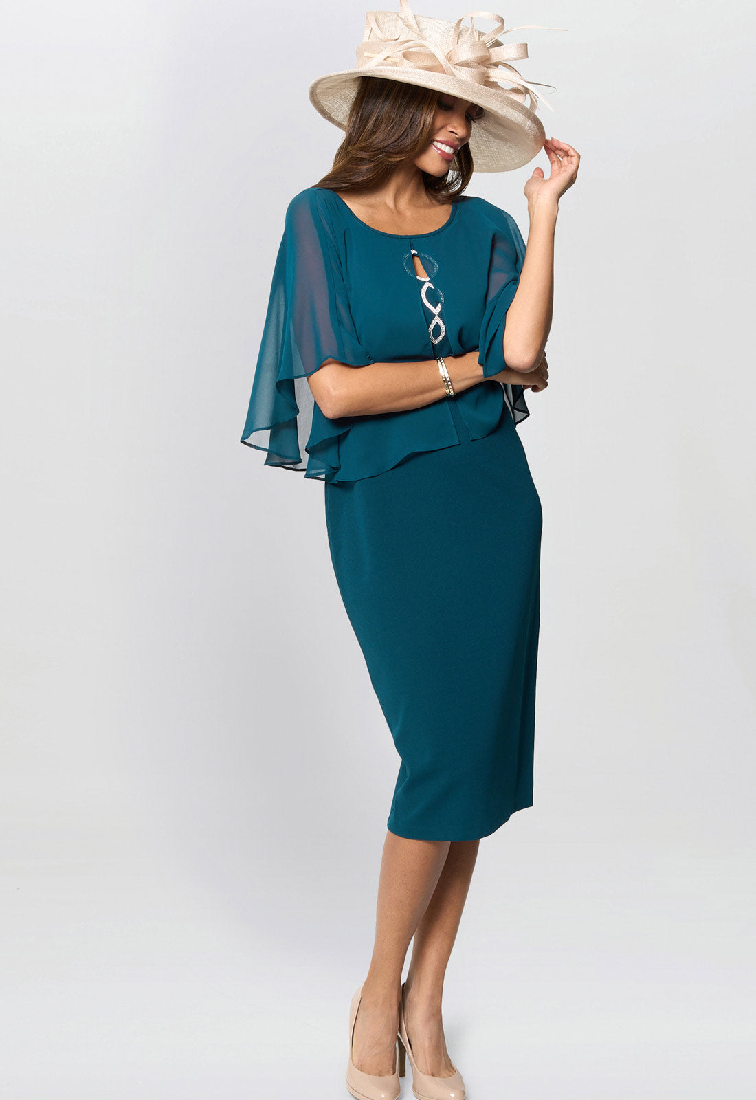 Gina Bacconi Dark Green Cherri Dress With Chiffon Overlay