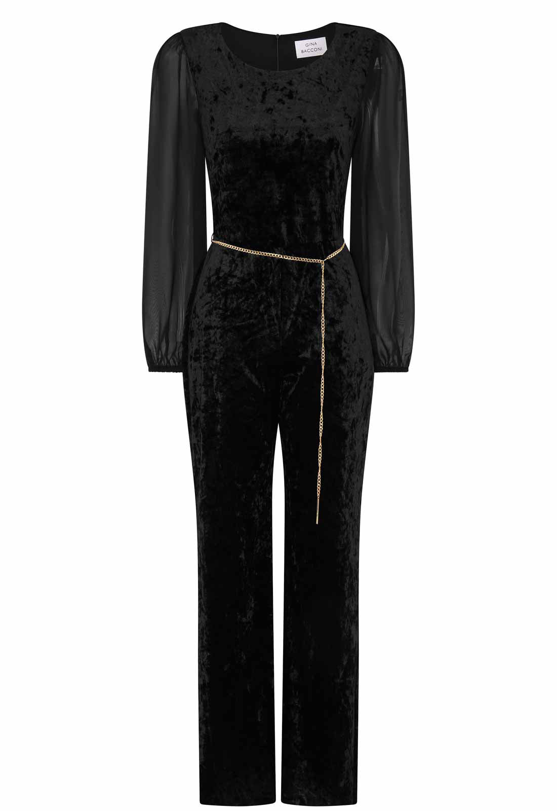 Gina Bacconi Black Alaska Velvet Jumpsuit With Sheer Sleeves