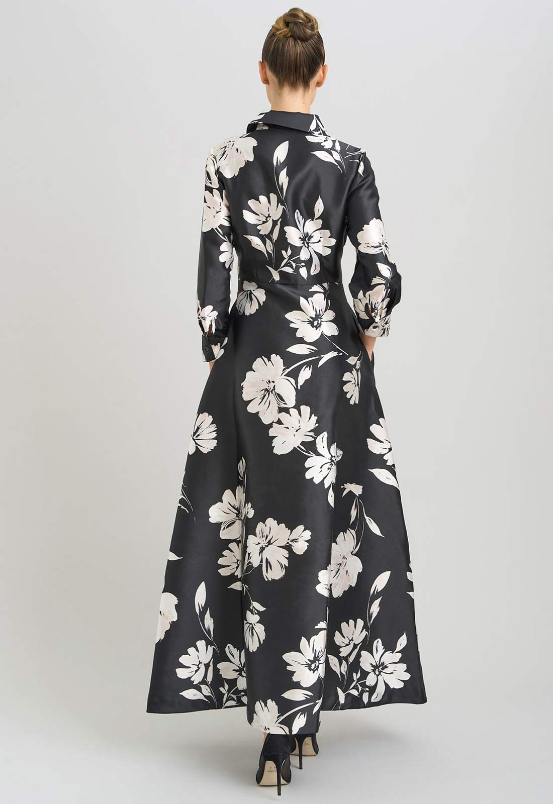back view of the black print dress