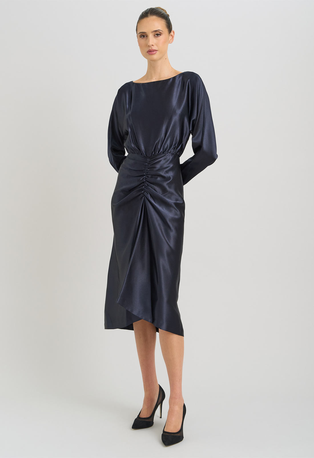 navy long sleeve satin cocktail gown