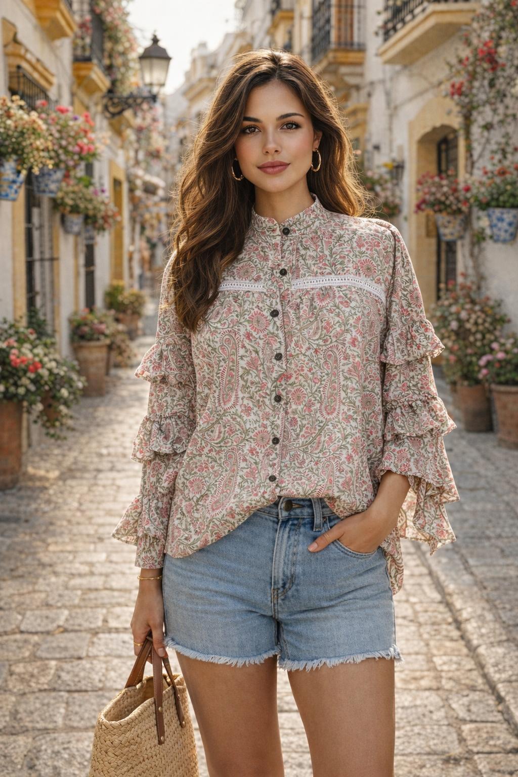 Soul Of Sita Liberty Woodblock Printed Frill Sleeve Blouse In Pink Paisley Floral