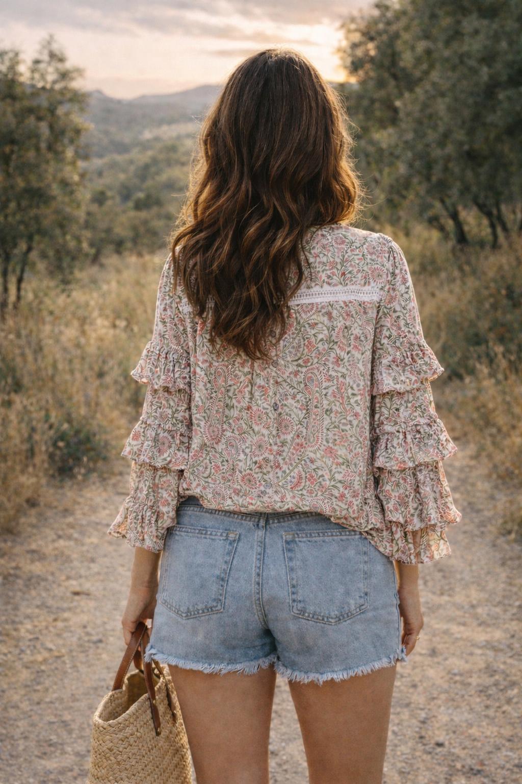 Soul Of Sita Liberty Woodblock Printed Frill Sleeve Blouse In Pink Paisley Floral