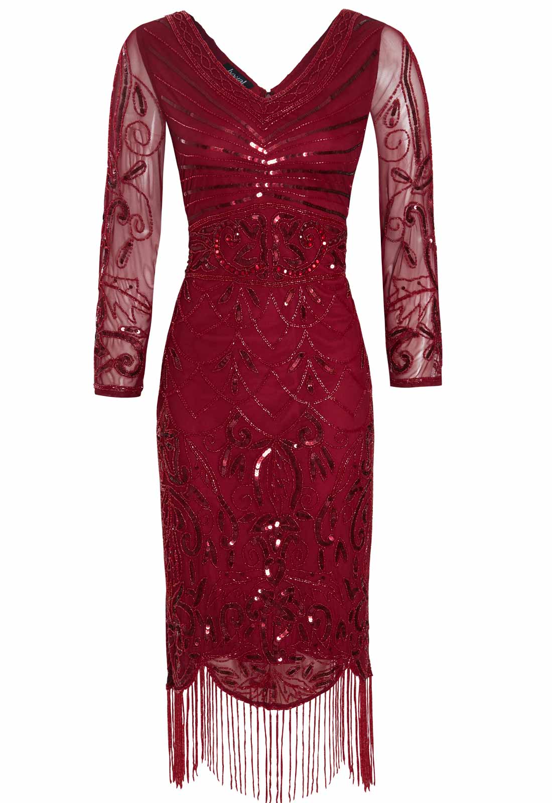 Red sequin dress with long sleeves and fringe on a white background