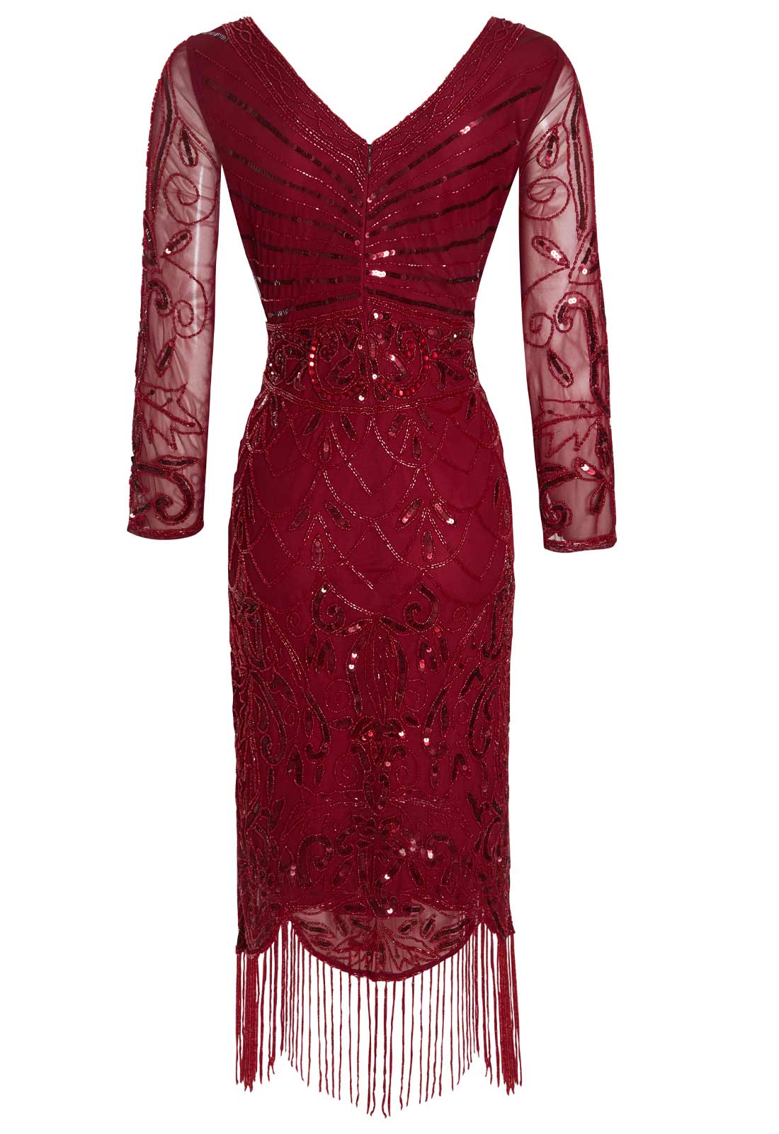 Red sequin dress with long sleeves and fringe on a white background