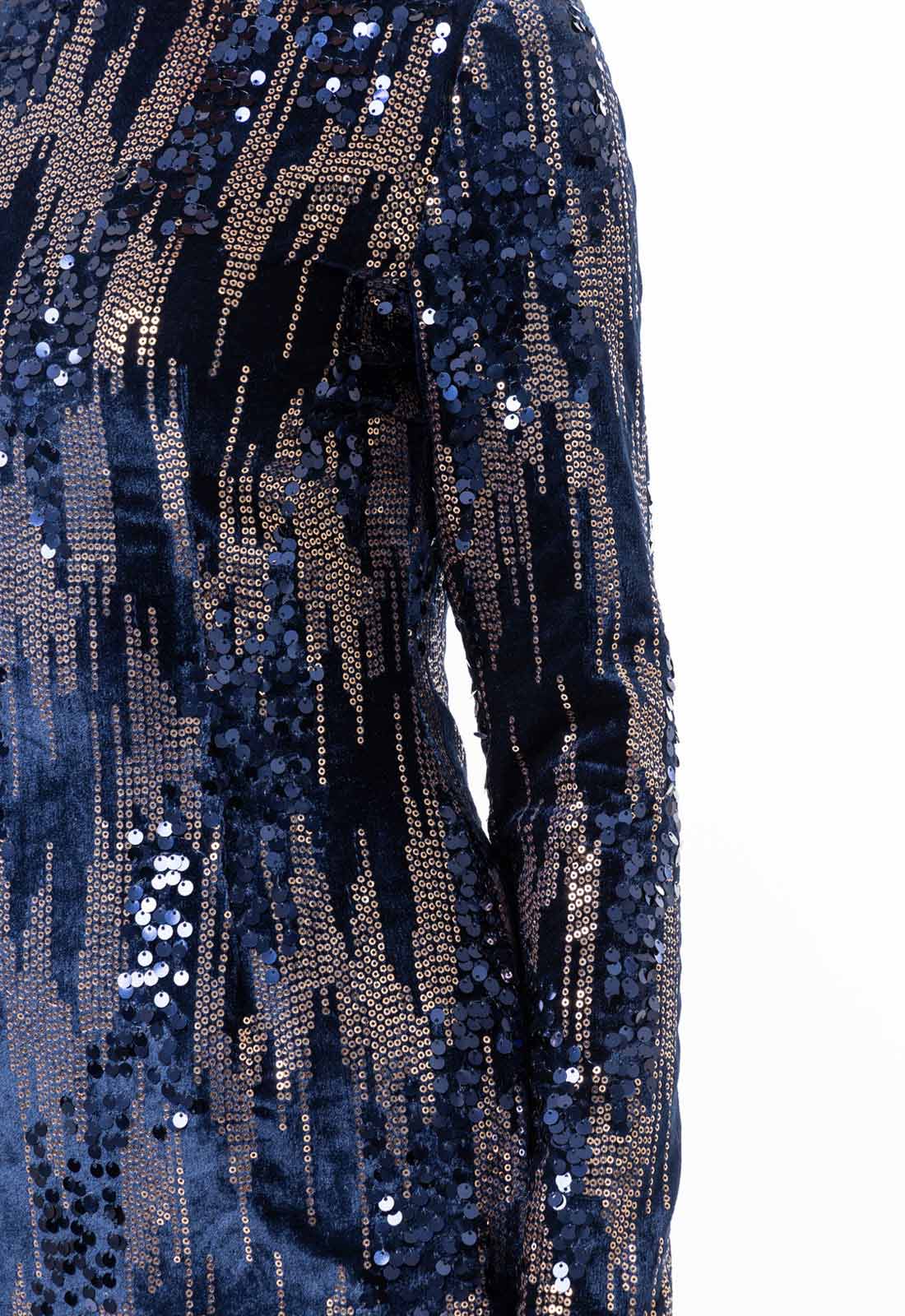 Navy blue sequin dress with gold accents on a white background