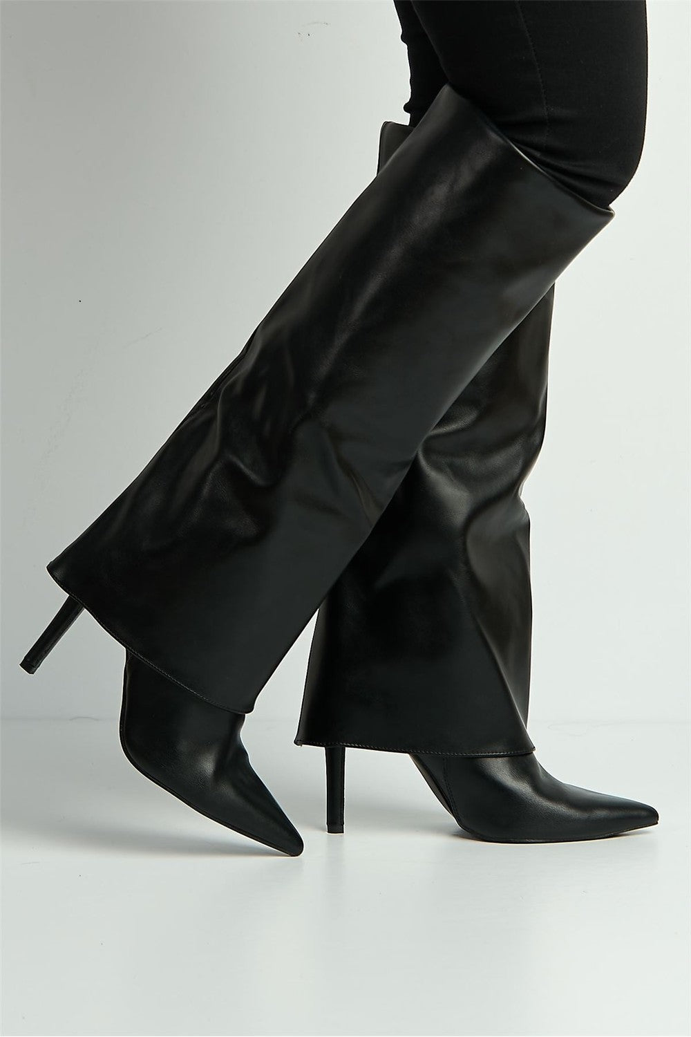 Beckett Pointed Toe Fold Over Stiletto Knee High Boots in Black