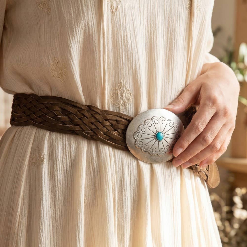 Soul Of Sita Western Braided Concho Buckle Vegan Leather Belt: Sdbr
