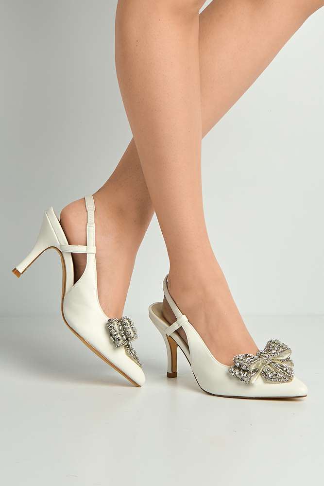 Celia Diamante Bow Pointed Toe Slingback Court Shoes in White