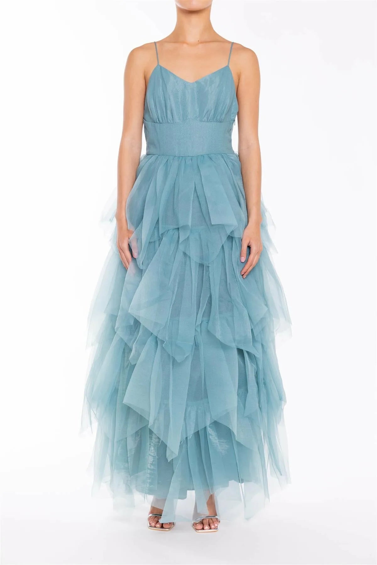 True Decadence Saige Mineral Blue V-neck Tiered Tulle Maxi Dress