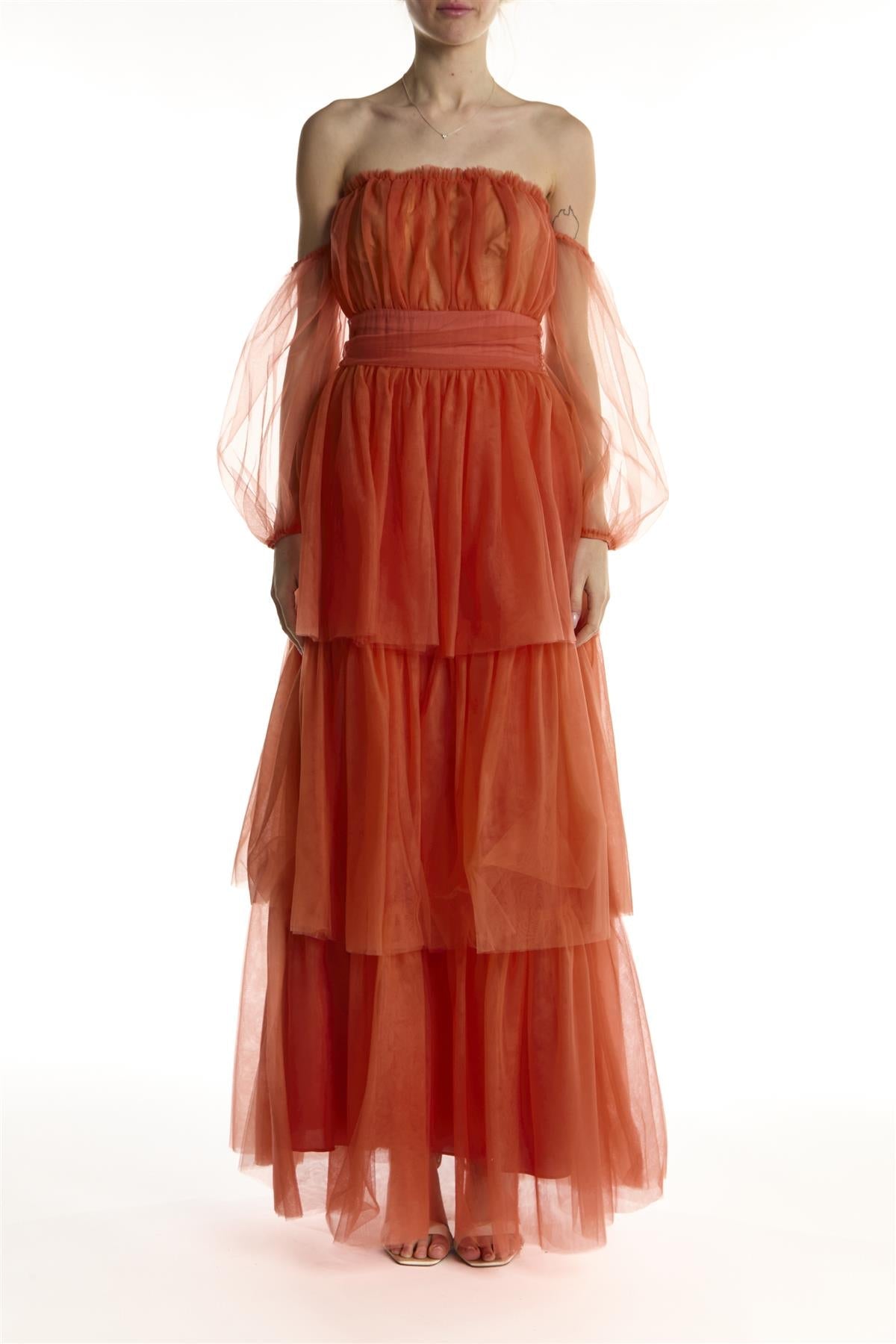 True Decadence Soft-Rust Bardot Tiered Maxi Dress