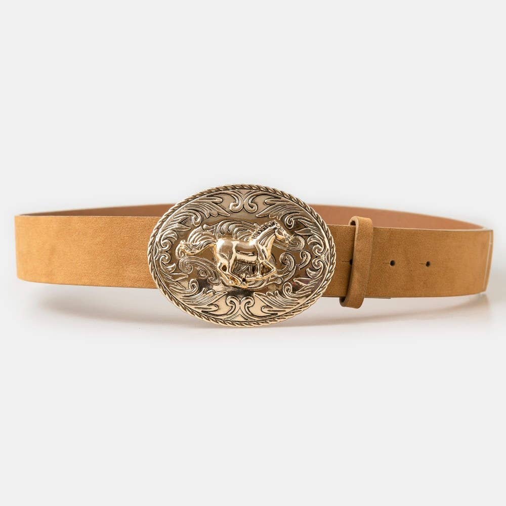 Soul Of Sita Suede Large Western Horse Medallion Buckle Belt: Brown