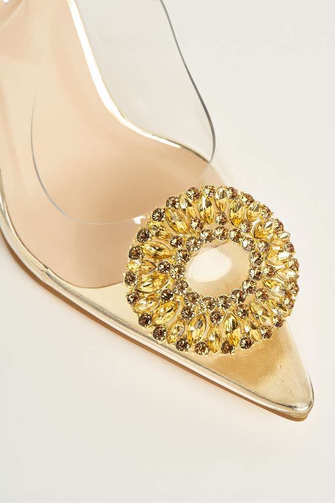 Miss Diva Gold Lolya Diamante Brooch Detail Perspex Court Shoe Heels