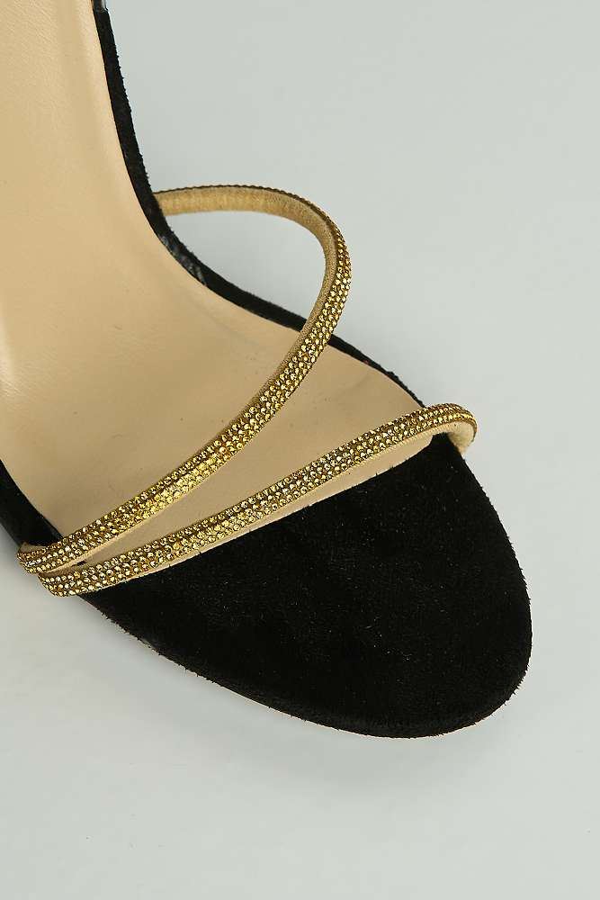 Curly Diamante Embellished Spiral Ankle Strap Sandals in Black / Gold