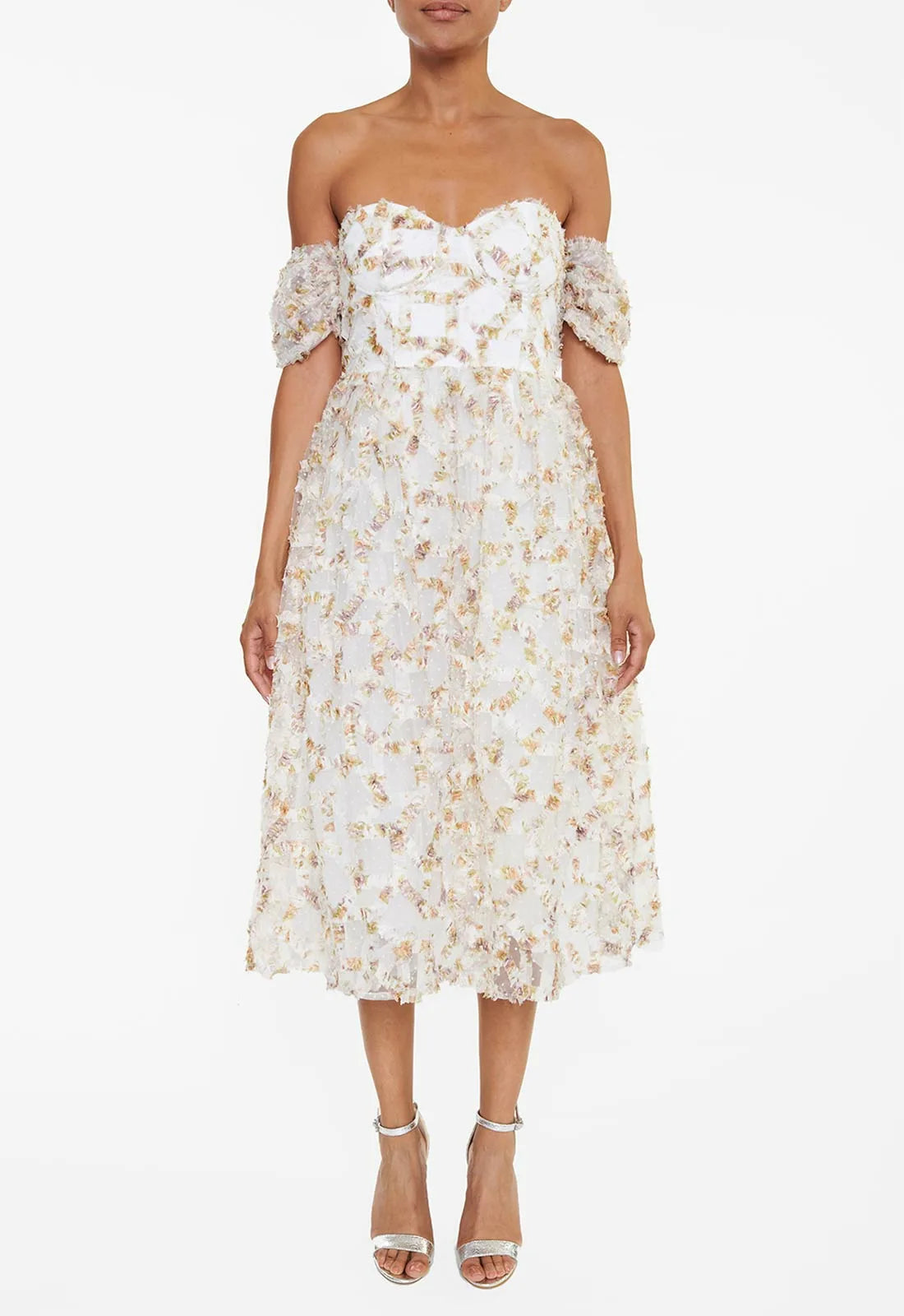 True Decadence White 3D Floral Bardot Dress-0