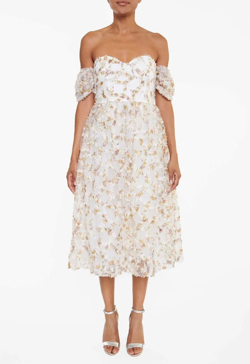 True Decadence White 3D Floral Bardot Dress