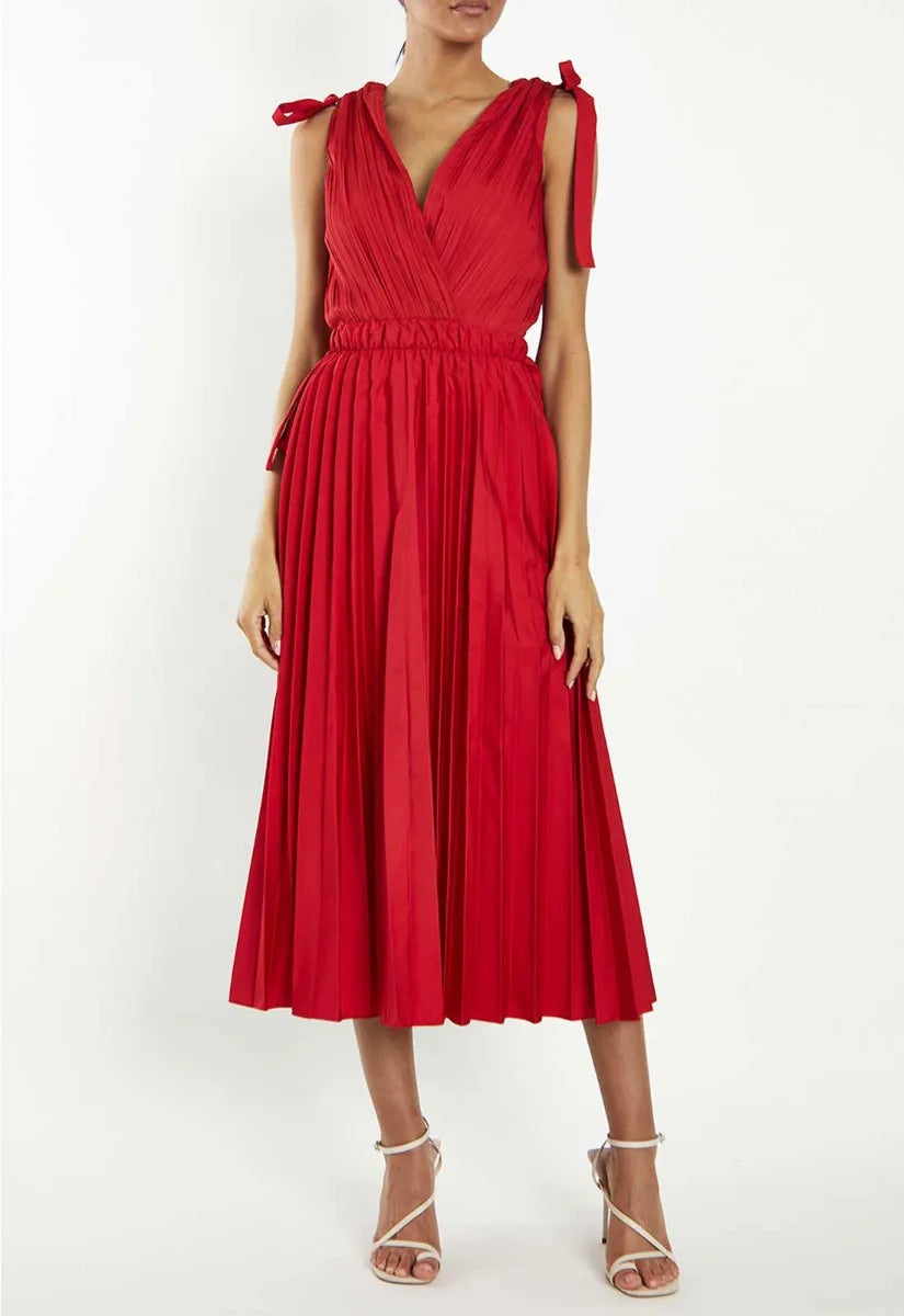 True Decadence Red Pleated Midi Dress