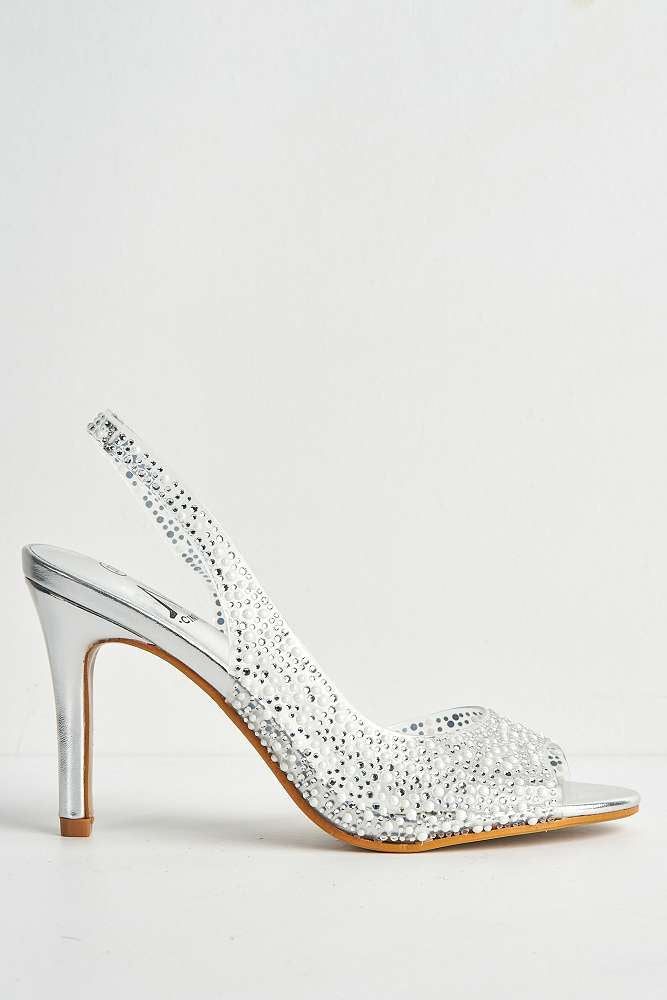 Miss Diva Silver Eliana Diamante & Pearl Encrusted Slingback Heeled Sandals
