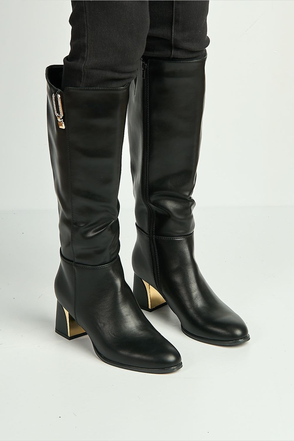 Vera Diamante Detail Gold Trim Knee High Boots in Black