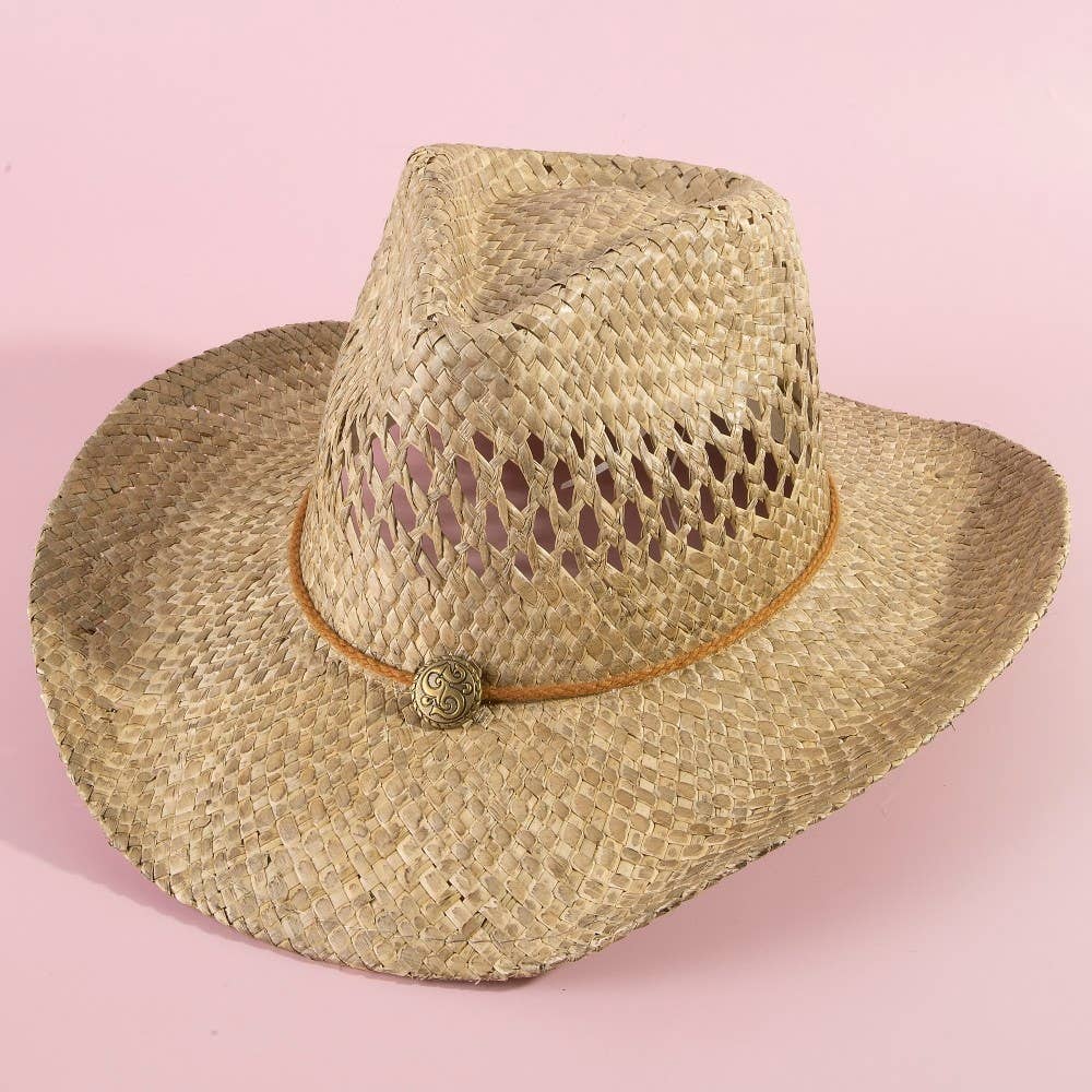 Soul Of Sita Straw Basket Rope Strap Western Cowboy Hat: Natural