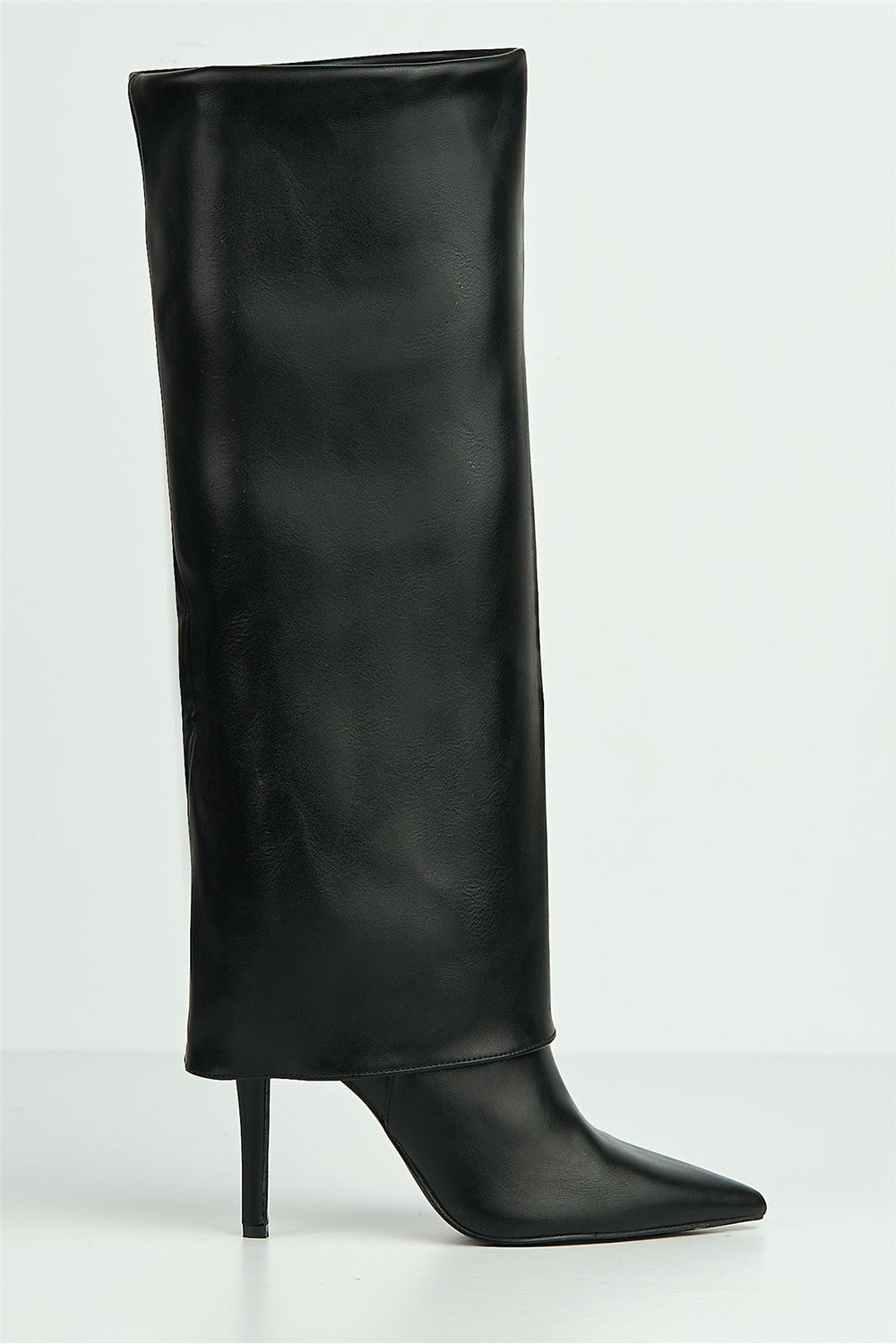 Beckett Pointed Toe Fold Over Stiletto Knee High Boots in Black