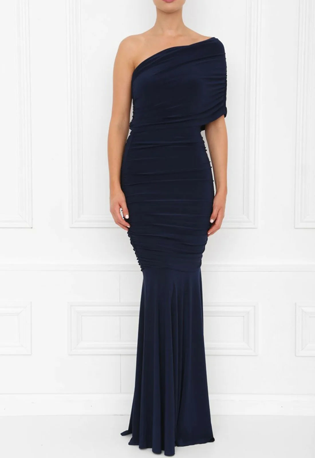Honor Gold Alice Navy One Shouldered Fishtail Maxi dress