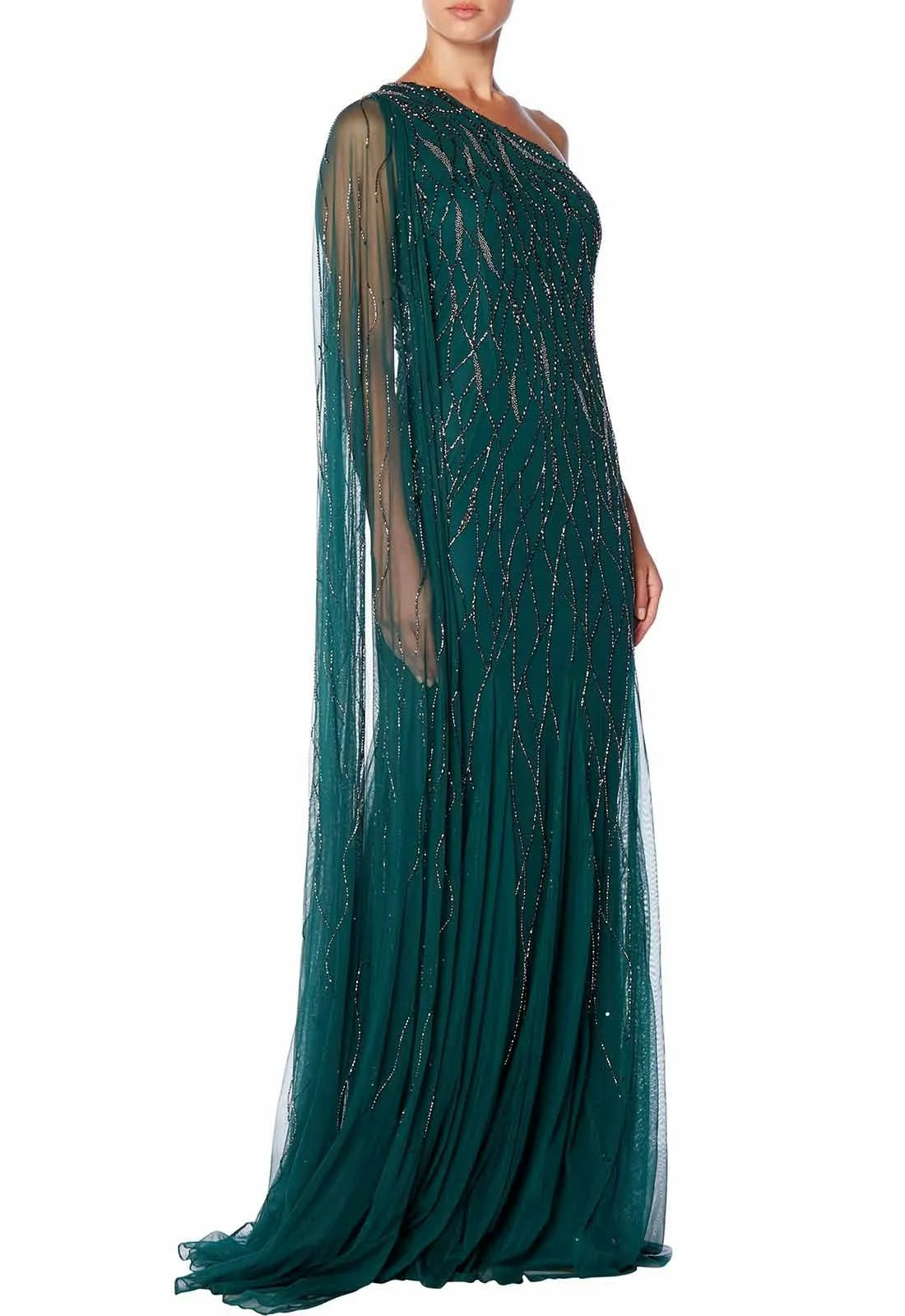 Raishma Green One Shoulder Draped Chiffon Embellished Maxi Dress