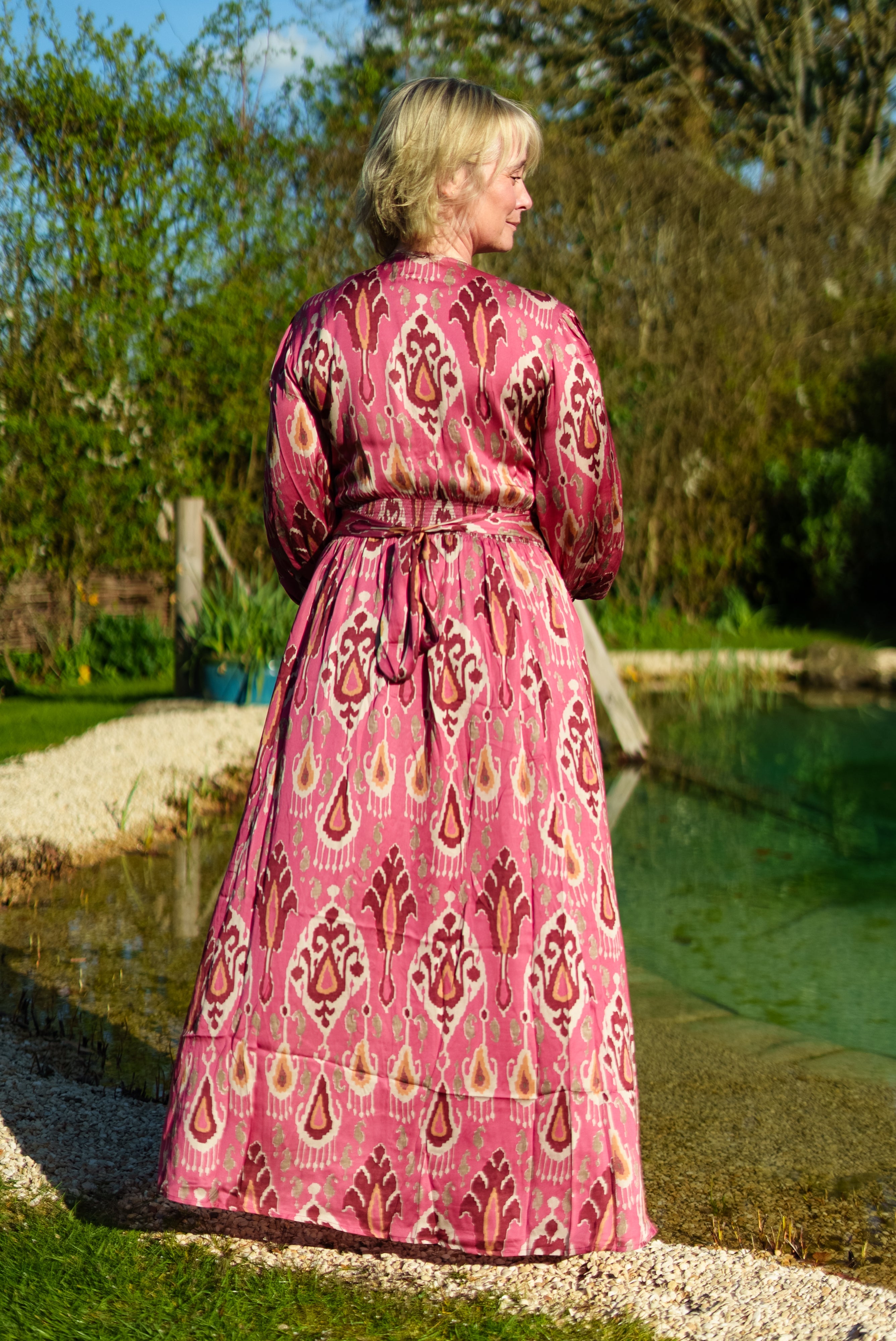 Soul Of Sita Rose Pink Aztec Print Satin Button Through Maxi Dress
