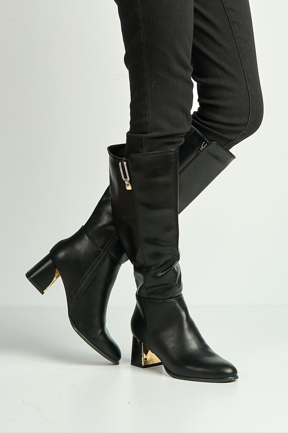 Vera Diamante Detail Gold Trim Knee High Boots in Black