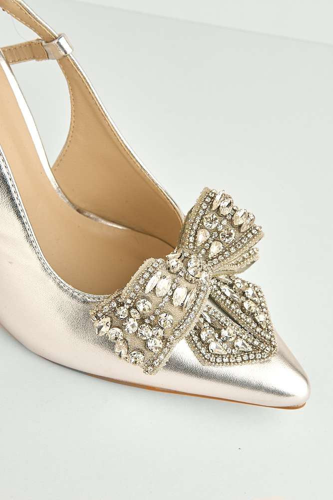 Celia Diamante Bow Pointed Toe Slingback Court Shoes in Silver