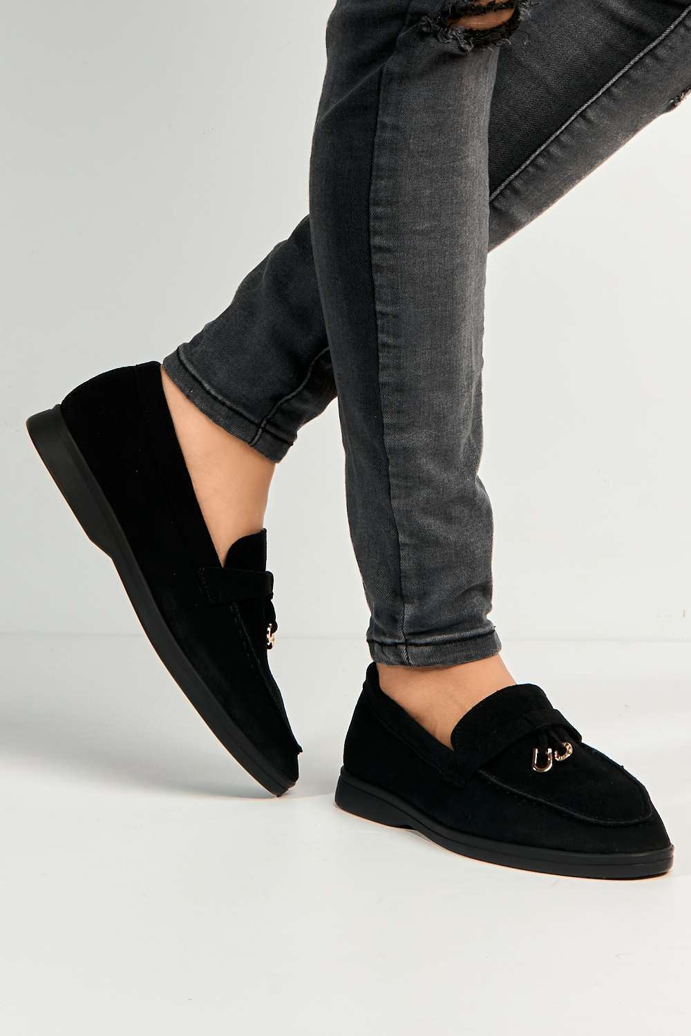 Miss Diva Tonya Charm Detail Slip-On Faux Suede Loafers in Black