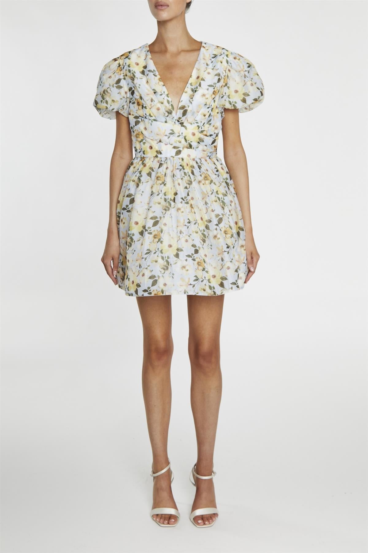 Claire Pale-Blue Flower Organza Wrap Skater Mini-Dress-image-1