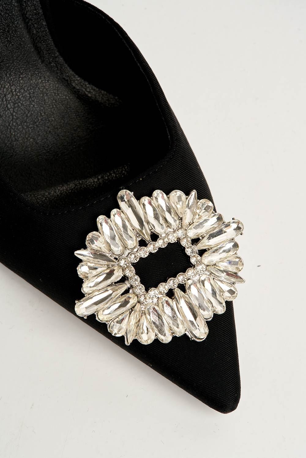 Amira Diamante Brooch Sling Back Court Shoes in Black Satin Heels Miss Diva 