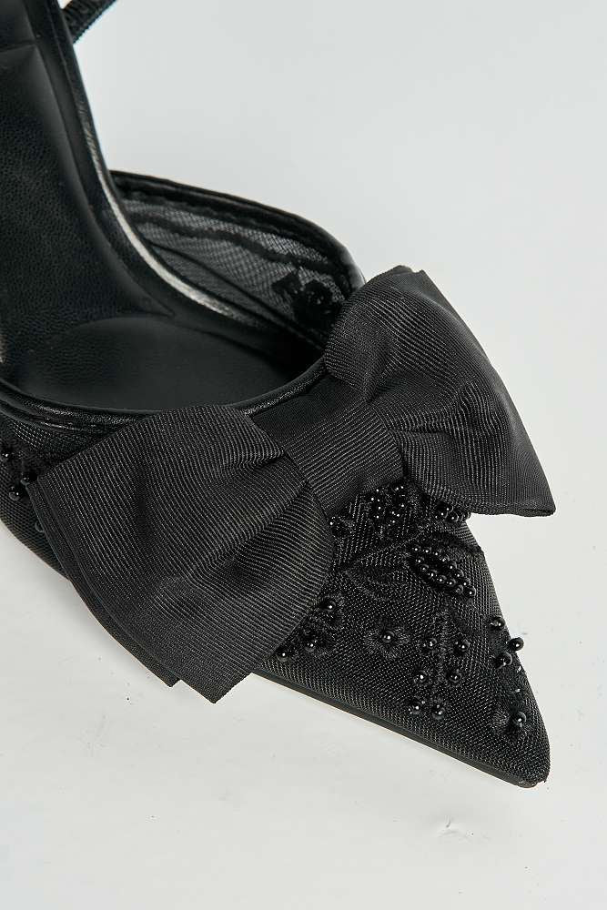 Seren Embellished Mesh and Bow Slingback Court Shoes in Black