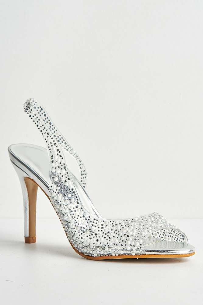 Miss Diva Silver Eliana Diamante & Pearl Encrusted Slingback Heeled Sandals