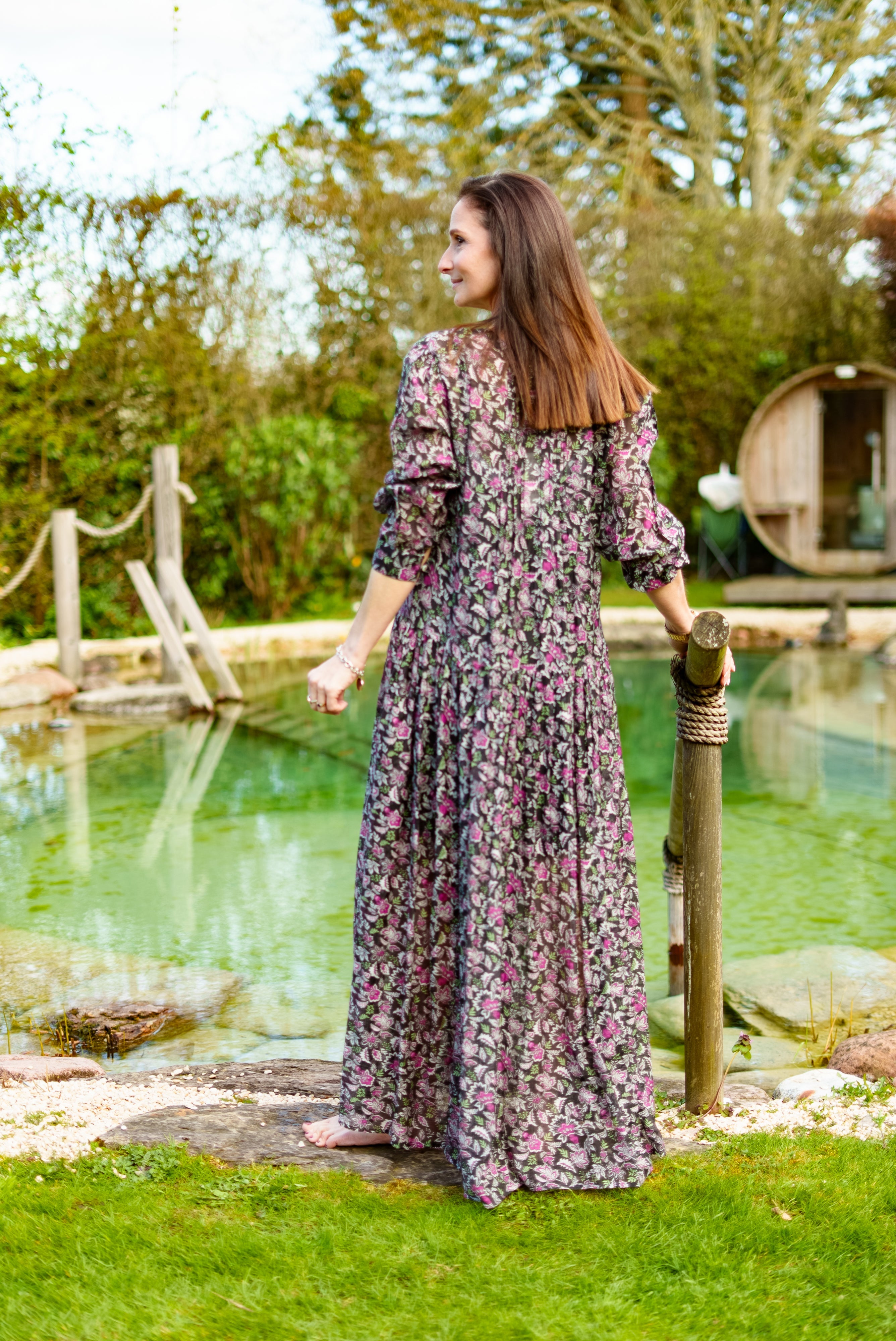 Soul Of Sita Inky Black Cotton / Silk Maxi Dress In Beautiful Floral Print With Separate Cotton Vest Under Garment. Side Pockets.