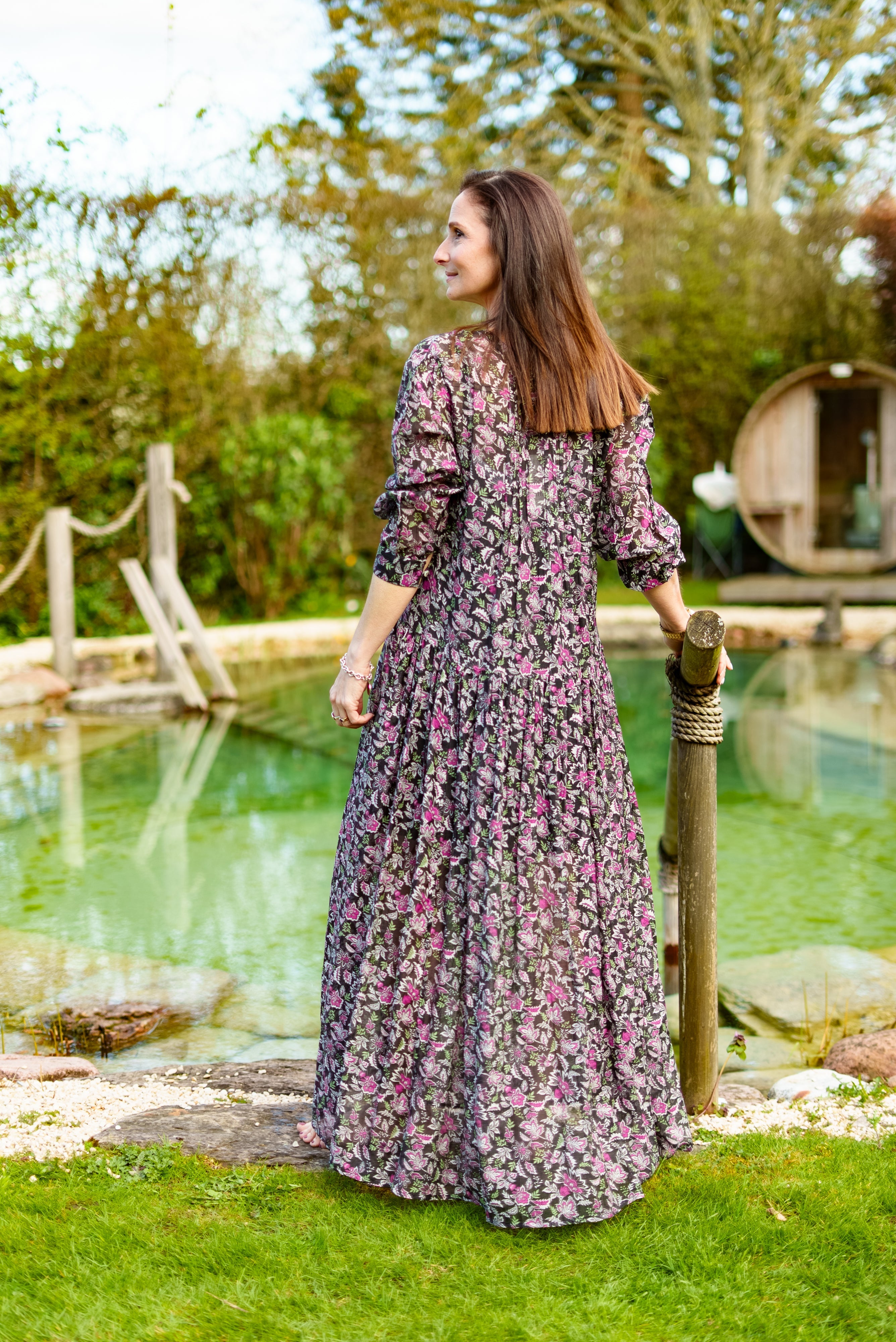 Soul Of Sita Inky Black Cotton / Silk Maxi Dress In Beautiful Floral Print With Separate Cotton Vest Under Garment. Side Pockets.