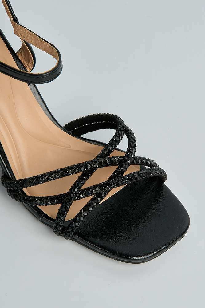 Indie Diamante Criss-Cross Strap Block Heel Sandals in Black