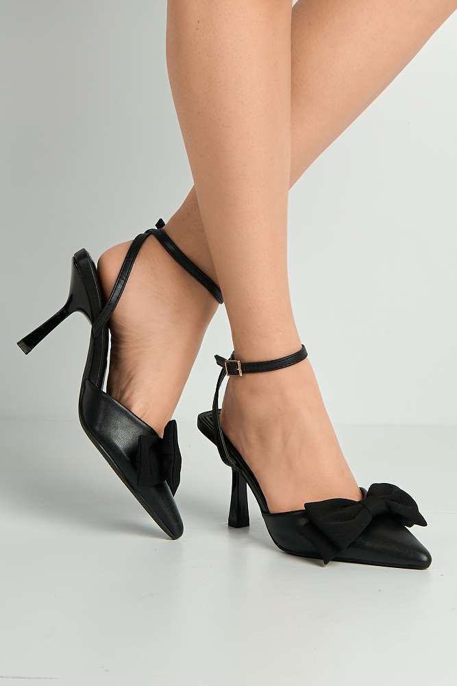 Alua Bow Detail Anklestrap Court Shoes in Black