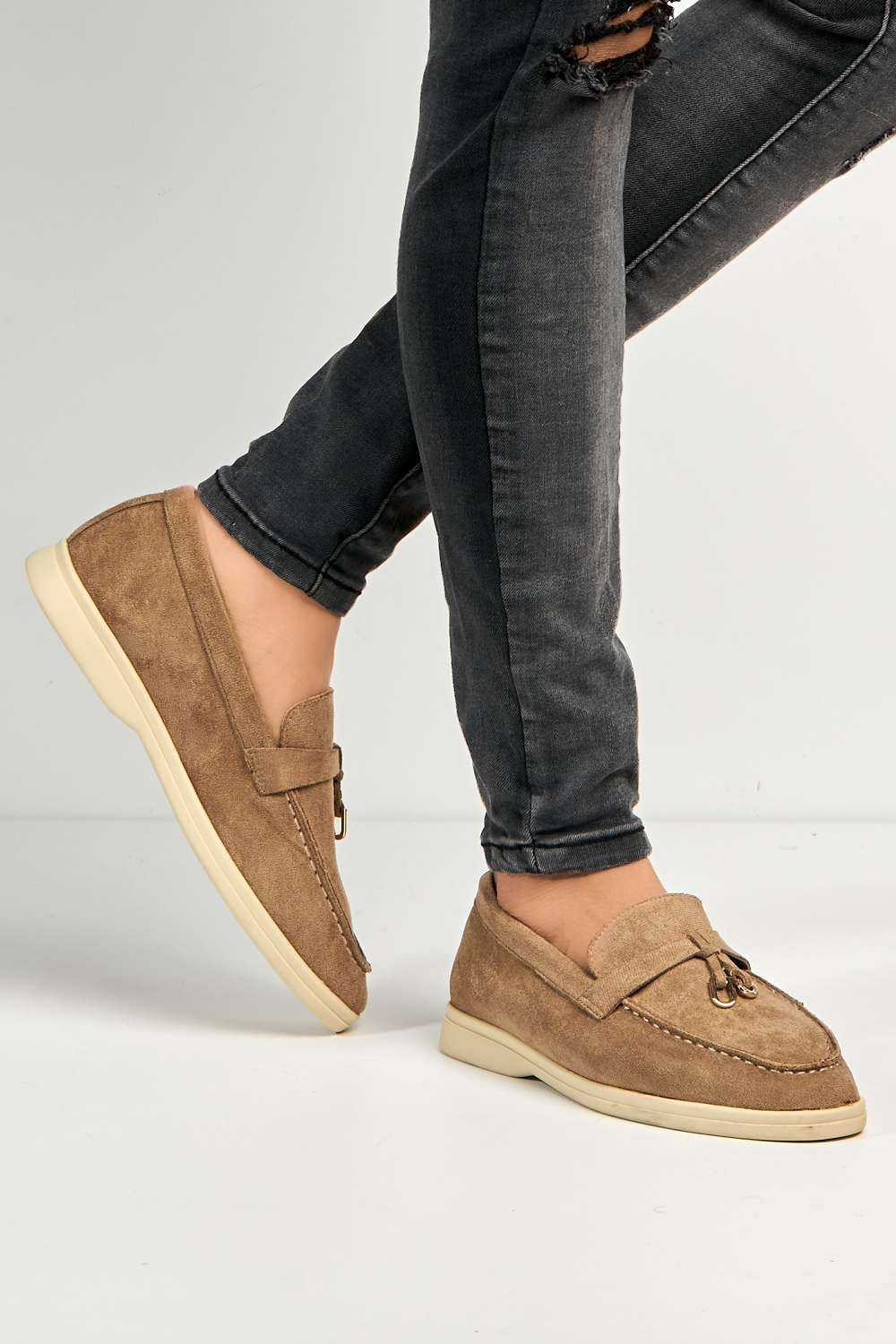 Miss Diva Taupe Tonya Charm Detail Slip-On Faux Suede Loafers