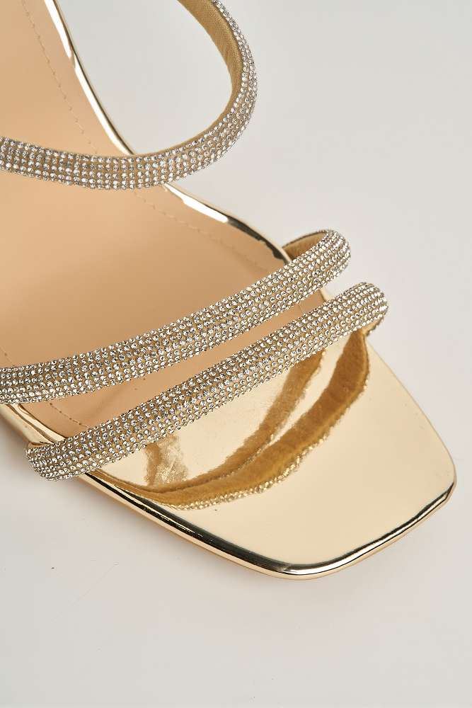 Meiria 3 Diamante Strap High Heel Mules in Gold