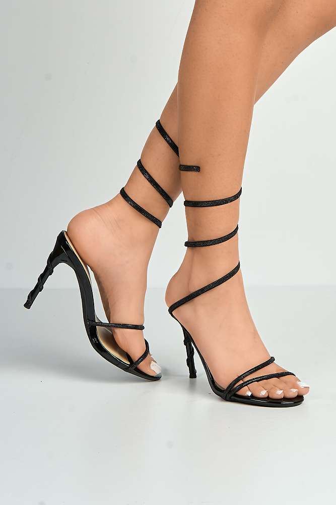 Curly Diamante Embellished Spiral Ankle Strap Sandals in Black Diamante