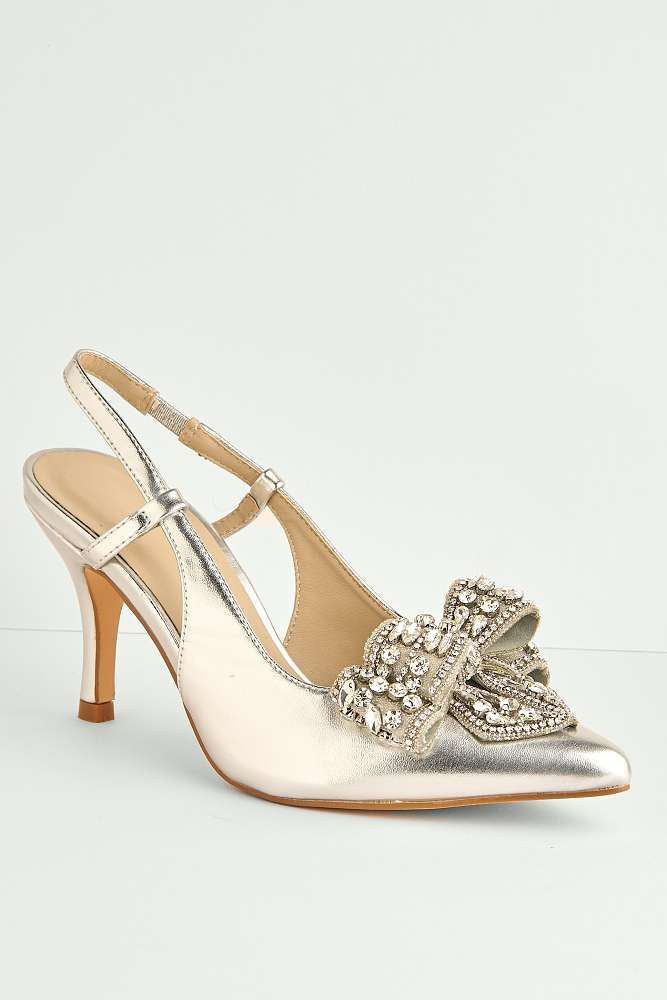 Celia Diamante Bow Pointed Toe Slingback Court Shoes in Silver