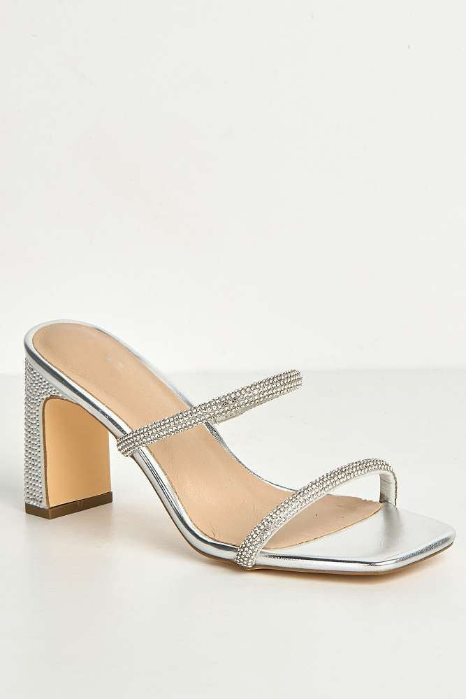 Pia 2 Diamante Strap & Flare Heel Mules in Silver