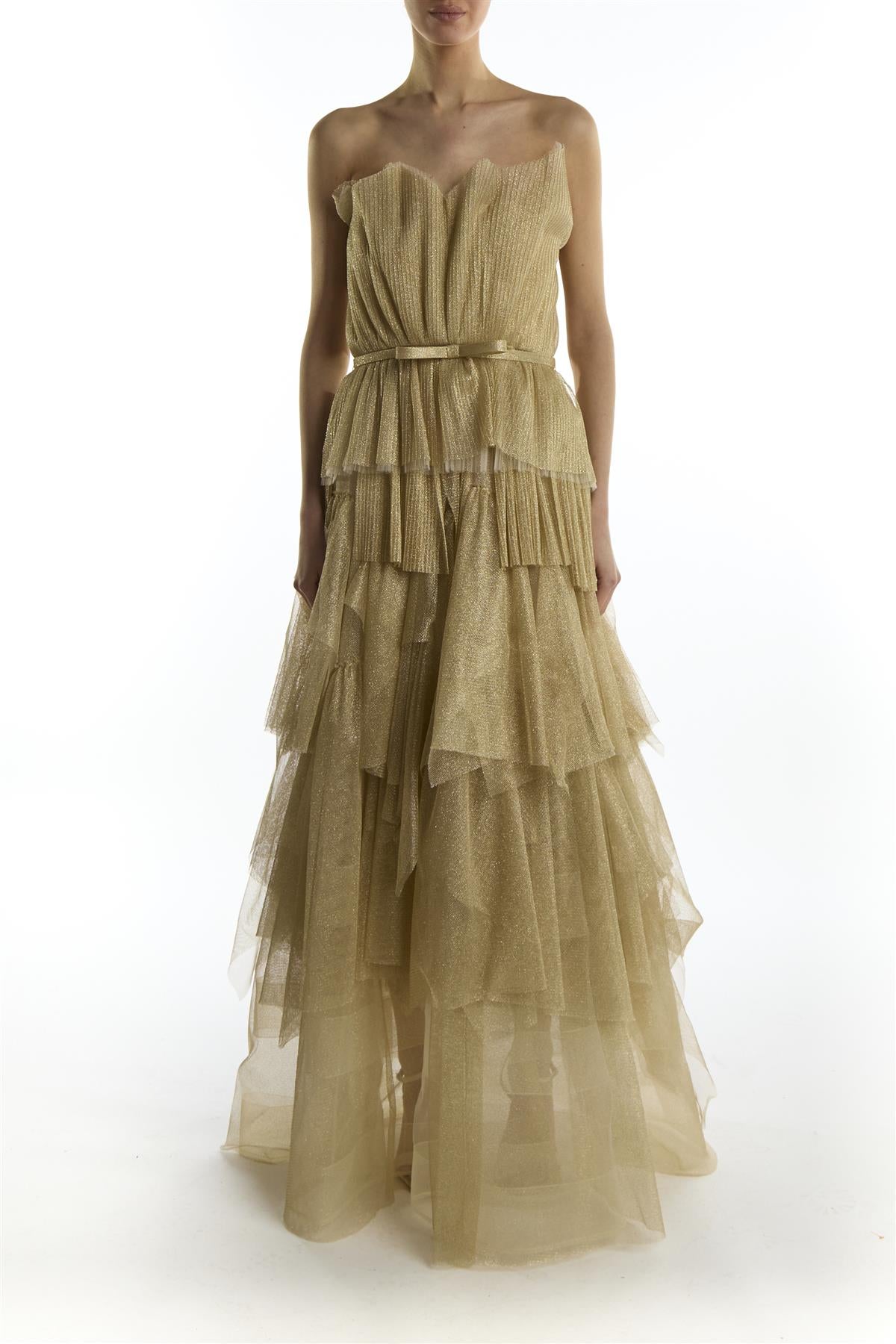 True Decadence Gold Glitter Tiered Strapless Dress