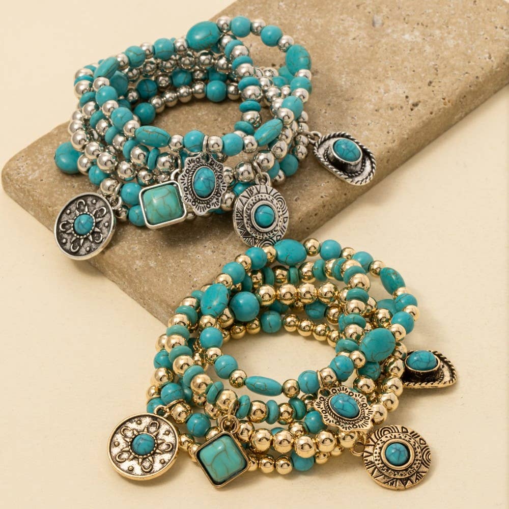 Soul Of Sita Turquoise Western Charms Beaded Bracelet Set: G